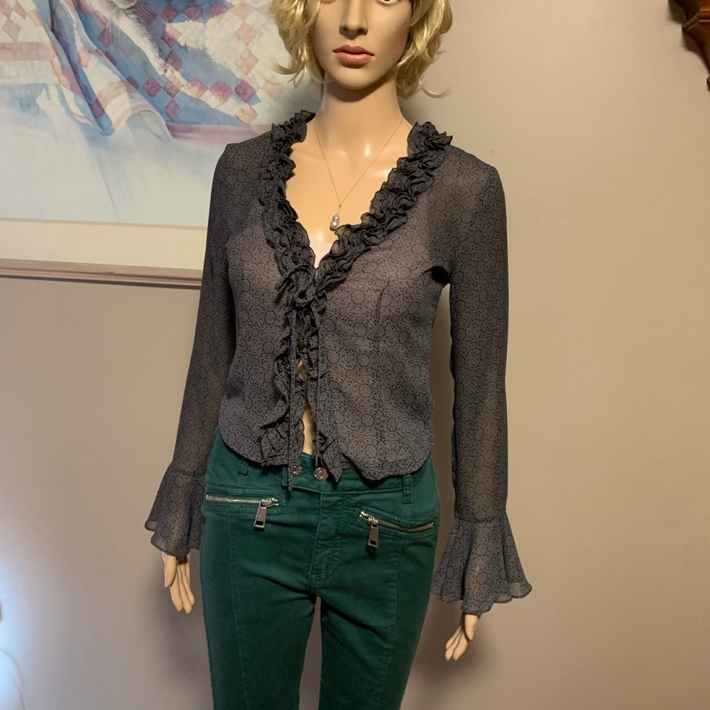 Mexx Ruffled Collar Women's Blouse Charcoal and Black Size Small
